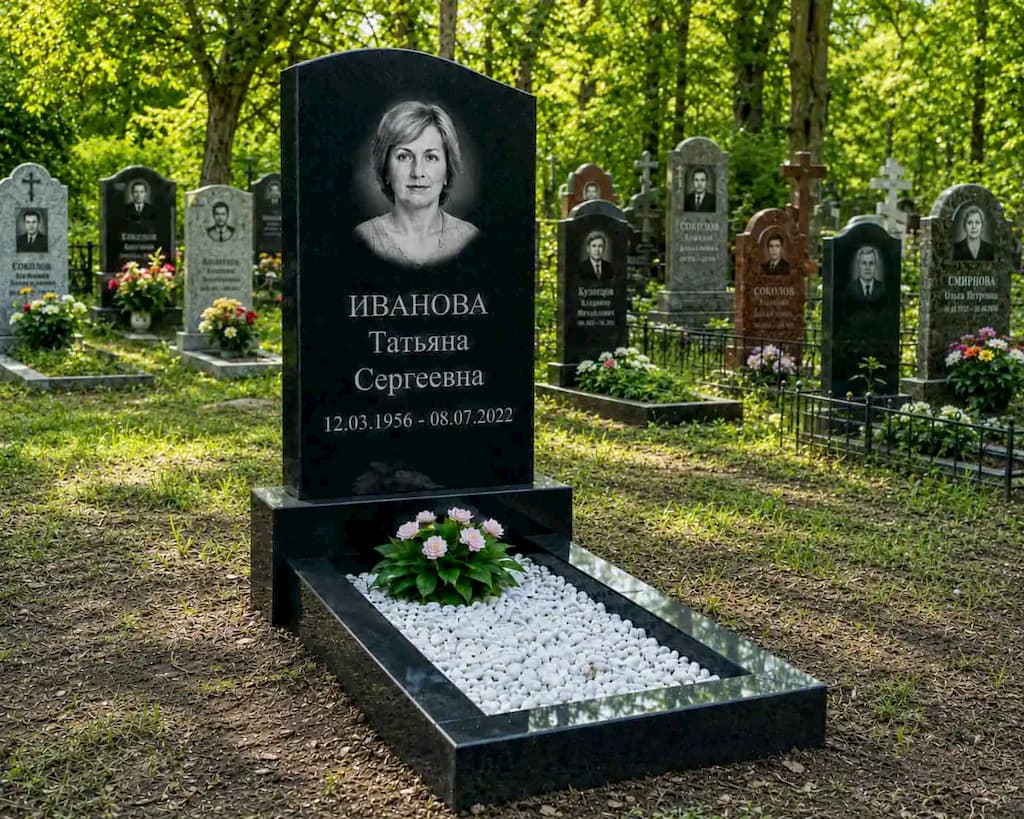Недорогой гранитный памятник с портретом и оформлением могилы